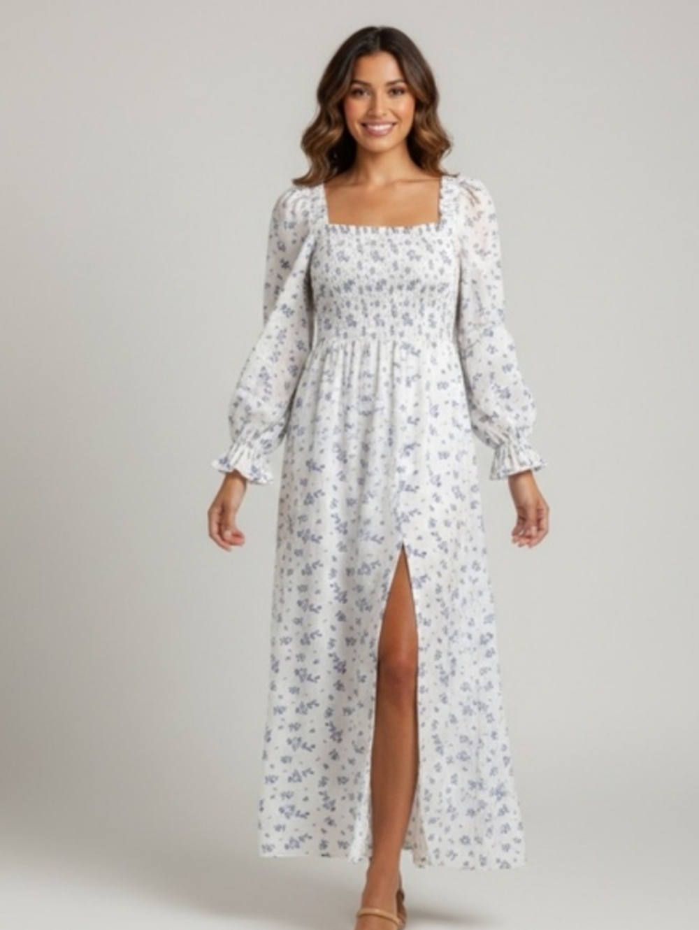 House of Harlow 1960 Long Sleeve Floral Dress - White and Blue